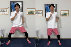 （3）ワイド足踏み［30秒］足を開くとき外もも（大腿筋膜張筋）が鍛えられる　閉じるときは内もも（大腿内転筋）が鍛えられる