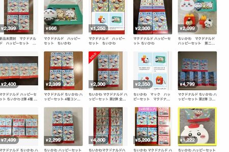 メルカリにはちいかわコラボグッズが多数出品されているも落札はそう多くない