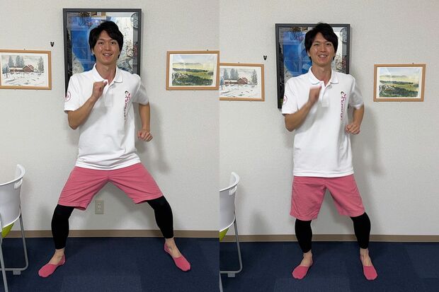 （3）ワイド足踏み［30秒］足を開くとき外もも（大腿筋膜張筋）が鍛えられる　閉じるときは内もも（大腿内転筋）が鍛えられる