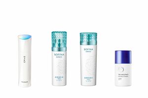 左から、HAKU　メラノフォーカスV、ソフィーナグレイス高保湿乳液しっとり60g　同　高保湿化粧水しっとり140ml、トランシーノ薬用ホワイトニングUVプロテクター