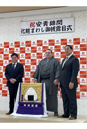 安青錦関に贈られたおむすびの化粧まわし（幸南食糧株式会社公式サイトより）