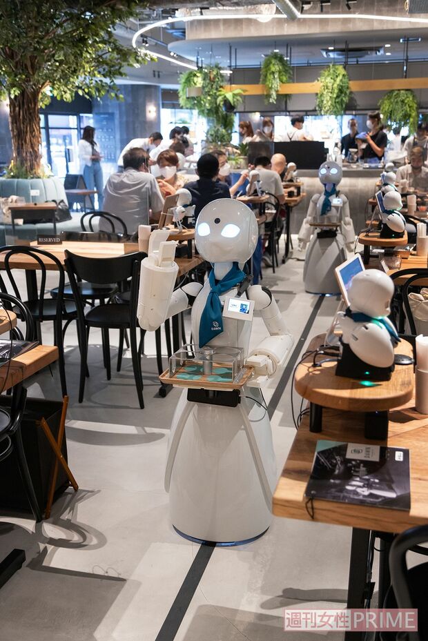 床にある黒いライン上をオリヒメDが行き来し、飲み物を運ぶ。テーブルの前を通過する際は手を上げるしぐさを見せ、操縦者が声をかけてくれる　撮影／齋藤周造