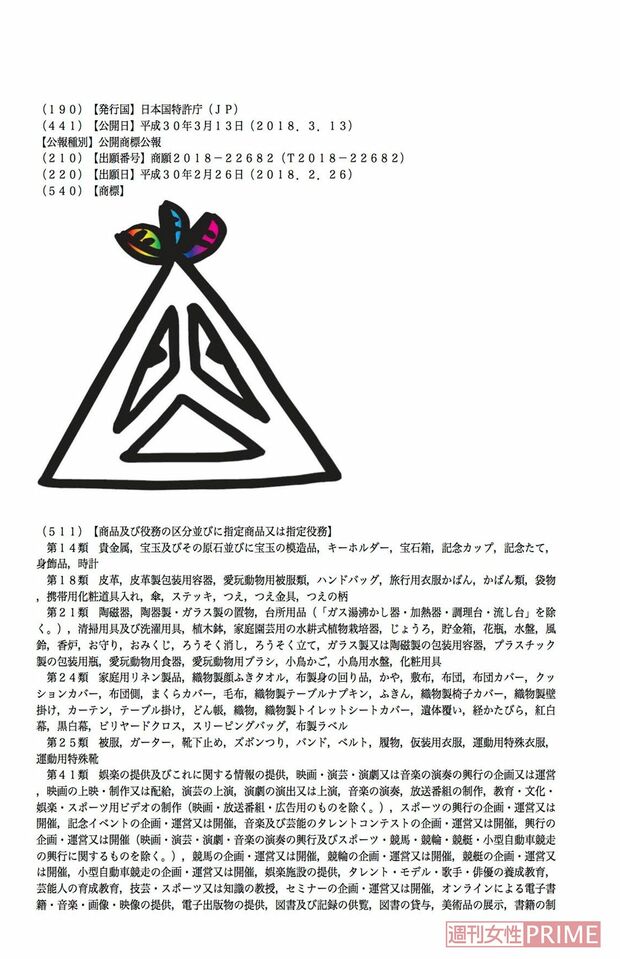 '18年時点で堂本剛本人が個人で商標登録を登録し、権利を所有していたマーク
