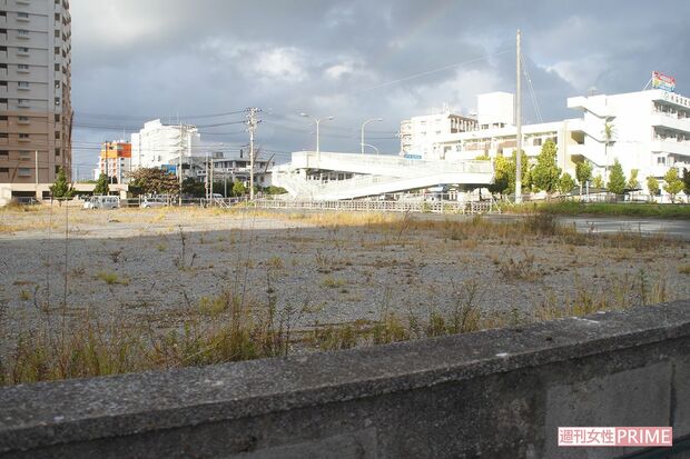 疑惑の舞台となった旧名護市消防庁舎の跡地。草が生い茂りホテル建設着工は見通せない
