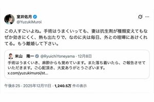 緊急手術後、夫の米山隆一議員に「離婚して下さい」と綴った室井佑月(本人のXより)