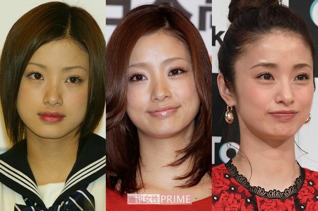 上戸彩（写真左から2002年・17歳、2011年・26歳、2018年・33歳）