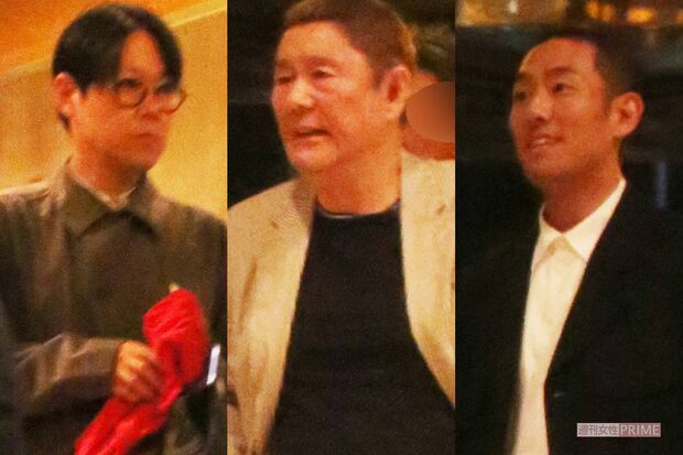 （左から）大河ドラマ『いだてん』の打ち上げに参加した阿部サダヲ、ビートたけし、中村勘九郎