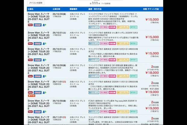 転売サイトに出品されている『SnowManDOMETOUR2026-2027ALLSUIT』のチケットは半数以上が北海道公演だった