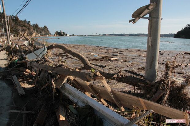 奥に見えるのは「向こう岸」ではなく「防波堤」。防波堤から手前には、2日前までは人々が暮らしていた（福島県相馬市、2011年3月12日）