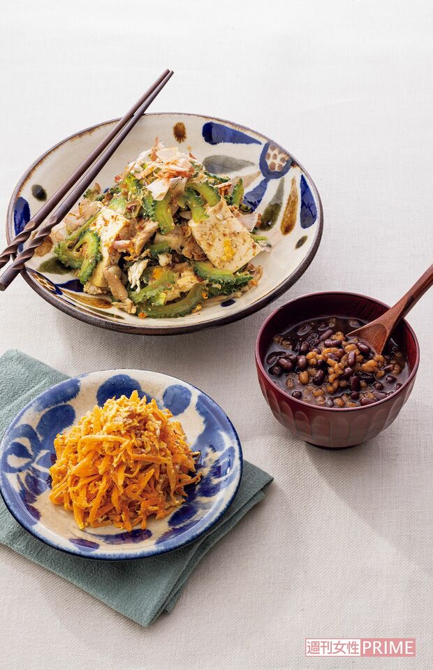 （上）オイスター風味のゴーヤーちゃんぷるー（中）あまがし（下）にんじんしりしりー　撮影／廣瀬靖士