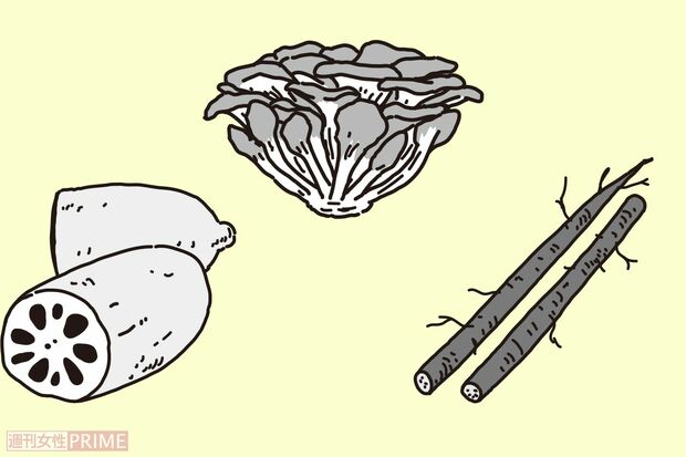 ポイント食材：れんこん・舞茸・ごぼう　イラスト／二階堂ちはる