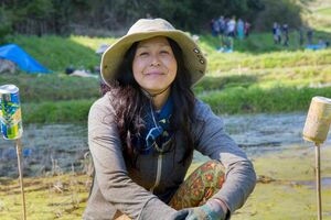 田植え真っ最中のまりりん（撮影＝倉田 爽）