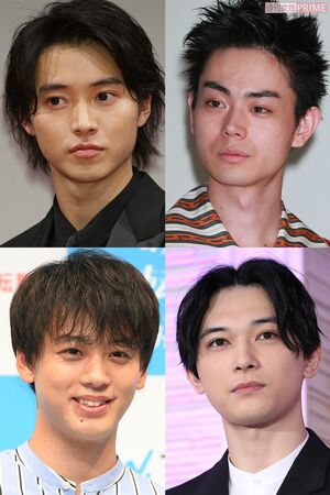 癒されたい男ランキング5位・竹内涼真（写真左下）、6位・菅田将暉（右上）、7位・吉沢亮（右下）、8位・山崎賢人（左上）