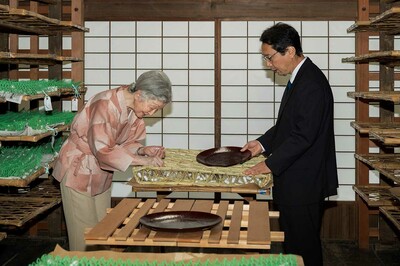 蔟(まぶし)という網の中で蚕が1週間かけて作った繭を取り出す『初繭掻き』を(2018年5月)
