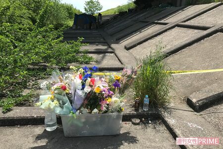 渡邉さんたちが暮らしていた河渡橋西詰下に、事件後すぐに置かれた献花台（筆者撮影）