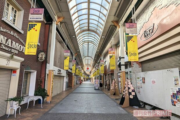 シャッター商店街状態で買い物客は数える程度