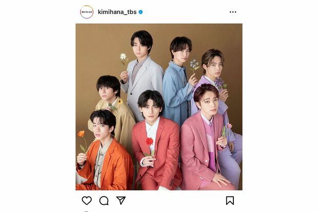 右下から時計回りに宮世琉弥、高橋文哉、森愁斗、山下幸輝、八村倫太郎、綱啓永、NOA（『君の花になる』公式インスタグラムより）