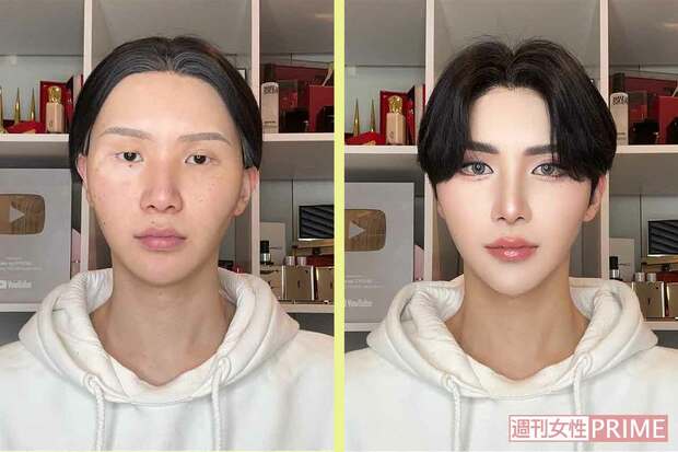 すっぴんとメイク後のGYUTAE（画像は本人提供）