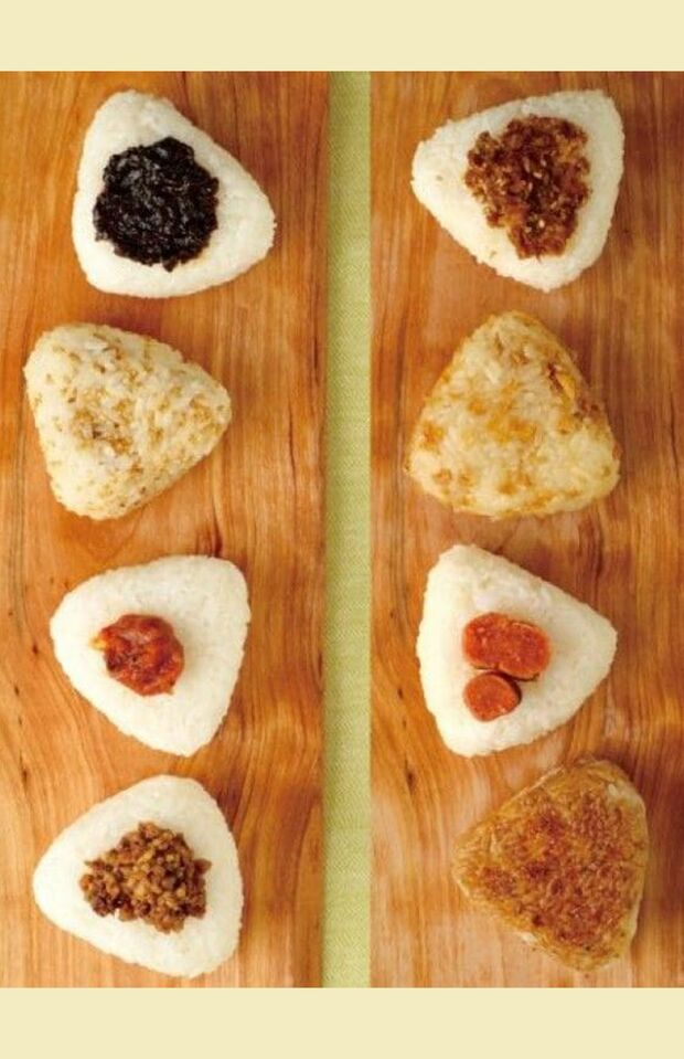 安部氏が開発した「魔法の調味料」さえあれば簡単に作れる「おにぎり」。左上から「甘みそ」「味ごま」「ねり梅」「豚みそ」、右上から「おかか昆布」「きざみいなり」「たらこのたたき」「焼きおにぎり」（撮影：佳川奈央）