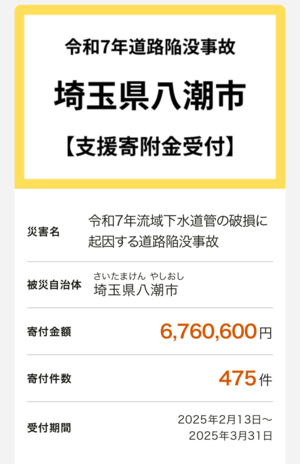 八潮市への寄付を募集しているふるさとチョイス。すでに600万円以上の寄付が集まっている