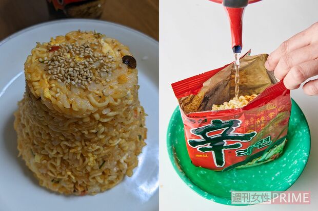 （左）子どもも大好きチャーハンにアレンジ！（右）軍隊式の作り方は袋に直接お湯投入！