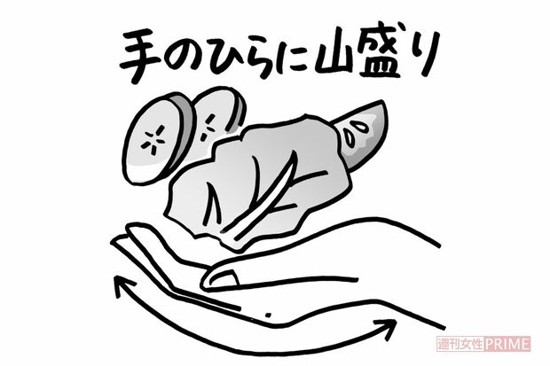 【野菜】手で作ったお椀1杯分が、最低限食べるべき量。グリーンサラダなら2杯、3杯とたくさん食べてOK。《イラスト／さとう遊》