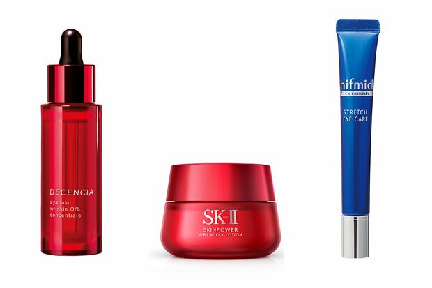 左から、アヤナス　リンクルO/Lコンセントレート、SK-II　スキンパワーエアリー　50g、ヒフミド　ストレッチアイケア　15g