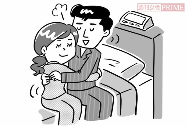 ベッドで“寝る前”ハグ　イラスト／サトウヨーコ