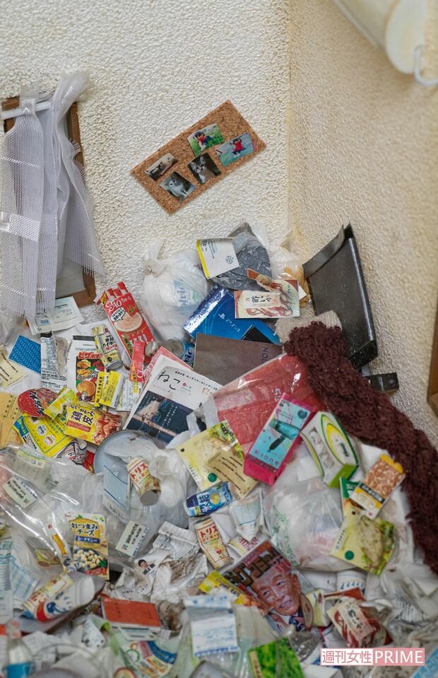 ゴミの中には猫の雑誌が埋もれていた。壁には思い出の写真が飾られている