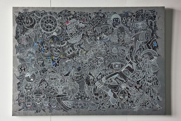 巨大細密画（FS2020　新作）今回の作品展で初お目見えする新作の1点。2273×1620ミリの巨大なキャンバスに描かれた細密画　（C）FEESTYLE 2020 SATOSHI OHNO EXHIBITION