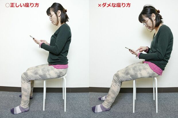 右は電車の中でよく見る光景。頭が前に出て、背中が丸まり、足を投げ出した悪い座り方。左は座骨が立ち、頭が身体の上にくる正しい座り方。自然に背すじが伸びる。ひざとつま先は正面に向けて、足は投げ出さずに床に。高いイスなら、つま先だけ床につけてもOK