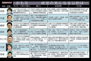 おもな政党の気になる公約 ※政党要件の「国会議員5人以上」「直近の国政選挙で得票率2%以上」の両方を満たす政党について取り上げ、各党の公約から編集部で抜粋、要約
