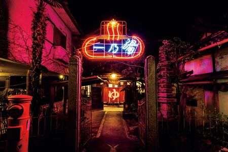 妖しく光るネオンと歴史的建築のコントラストが美しい入り口