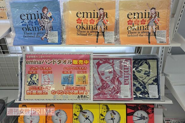 沖縄県内で発売された安室さん公認キャラクターemina（エミーナ）のグッズ。昨年12月に発売されたものの、観光客が訪れないような店舗では売れ残ったまま（写真はうるま市内の店舗）