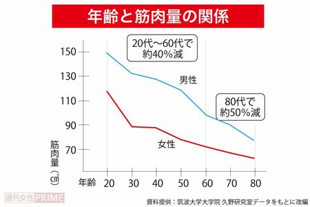 「年齢と筋肉量の関係」グラフ（資料提供：筑波大学大学院久野研究室データをもとに改編）