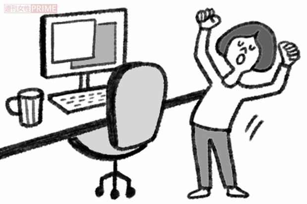 座りっぱなしは危険。定期的な伸びを　イラスト／アサミナオ