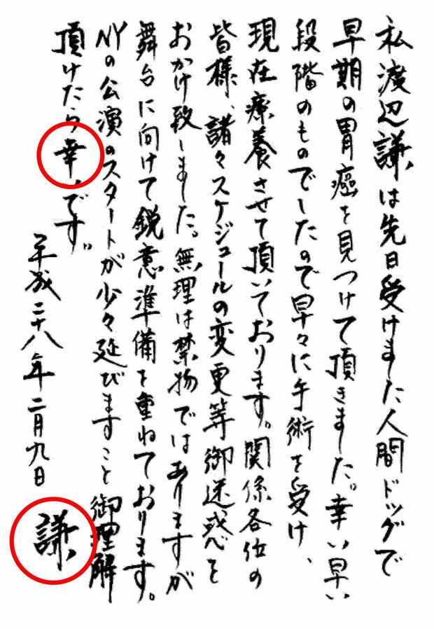 渡辺謙。幸の線を切っているのは演技のキレのよさ、謙の下の棒が長いのは上昇志向の表れ