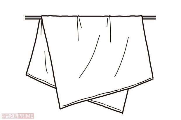 アイテム別干し方のコツ「シーツ→斜め干し」（イラスト／二階堂ちはる）