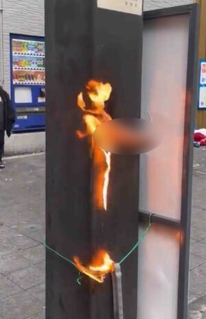 『シネシティ広場』の鉄柱に男性の局部を模したアダルトグッズを取り付け、燃やした映像（ツイッターより）