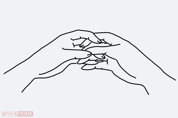 指の第一関節よりも指先に近いところ（関節だと血が滞るのでNG）で組む。（イラスト／赤松かおり）