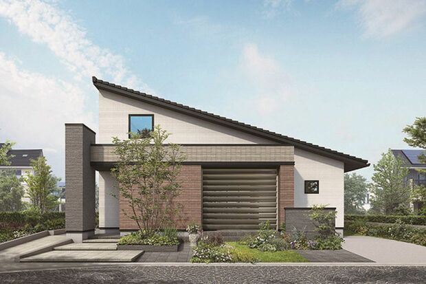 クレバリーホームの外観デザインの一例。三角屋根とルーフラインに沿った外壁が特徴的なシルエットを生み出す、おしゃれな平屋