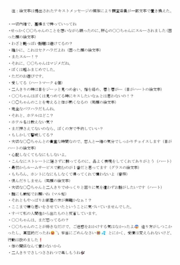 福井県の杉本達治前知事が送ったセクハラメッセージ1（調査報告書より）