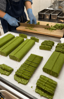 カカオの種類や食材のバリエーションは無限! QUONテリーヌは1枚1枚手作業でカットされている