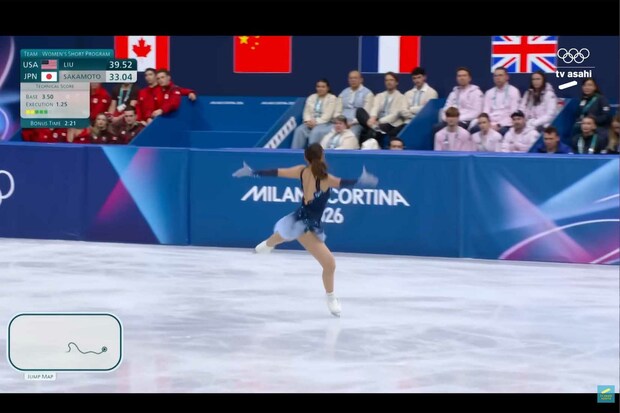 ミラノ・コルティナ五輪フィギュアスケート団体、坂本花織がショート演技を行う中、空っぽになっている中国代表のブース（テレビ朝日スポーツ【公式】YouTubeチャンネルより）