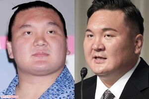 現役時代の白鵬(左)と、6月9日に日本相撲協会からの退職会見を開いた白鵬(右)。眉毛がクッキリと激変している 会見写真/共同通信社
