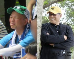 まぶしそうな表情のホンジャマカ・恵俊彰(左)と校庭のすみで笑顔を見せる松平健(右)