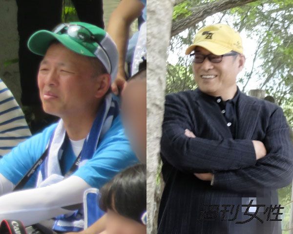  まぶしそうな表情のホンジャマカ・恵俊彰(左)と校庭のすみで笑顔を見せる松平健(右)