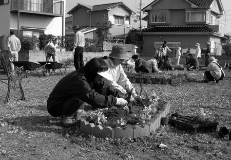 眞須美死刑囚宅の跡地に草花を植える自治会住民ら