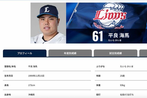 西武ライオンズ・平良海馬投手(公式HPより)