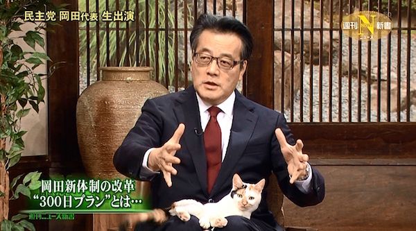  民主党・岡田克也代表のひざの上から動かないにゃーにゃ（3月21日放送）